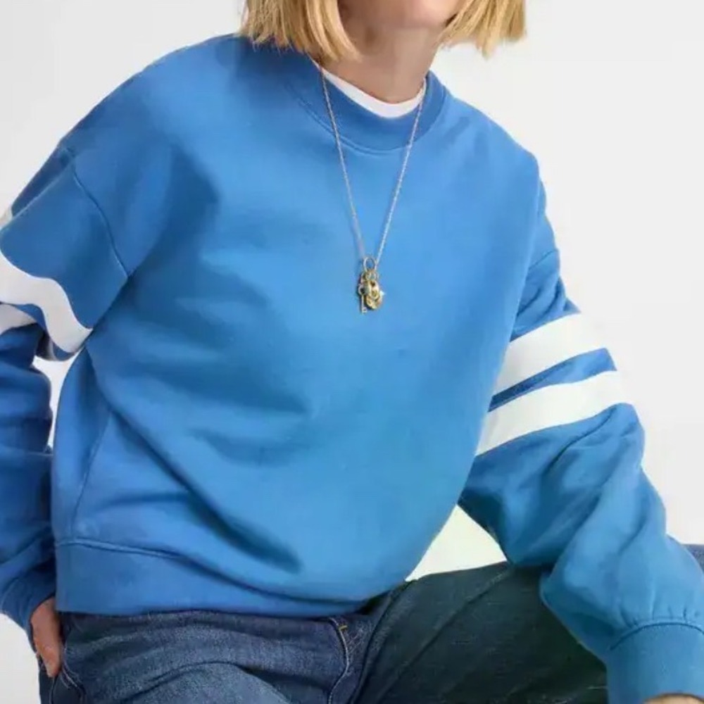 Madewell Riviera Blue Varsity Stripe Crewneck Sweatshirt NY284 Medium